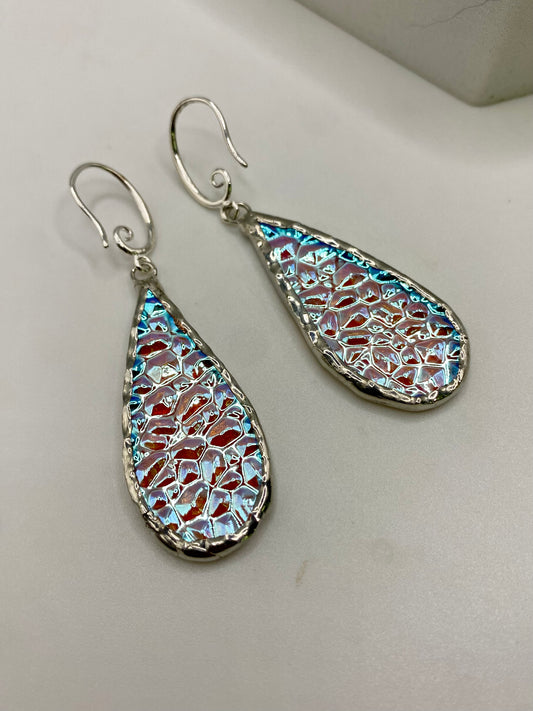 Crinkle Teardrop Stained Glass Earrings made with Lead-Free Solder by Hip Chick Glass, Iridescent Glass Earrings