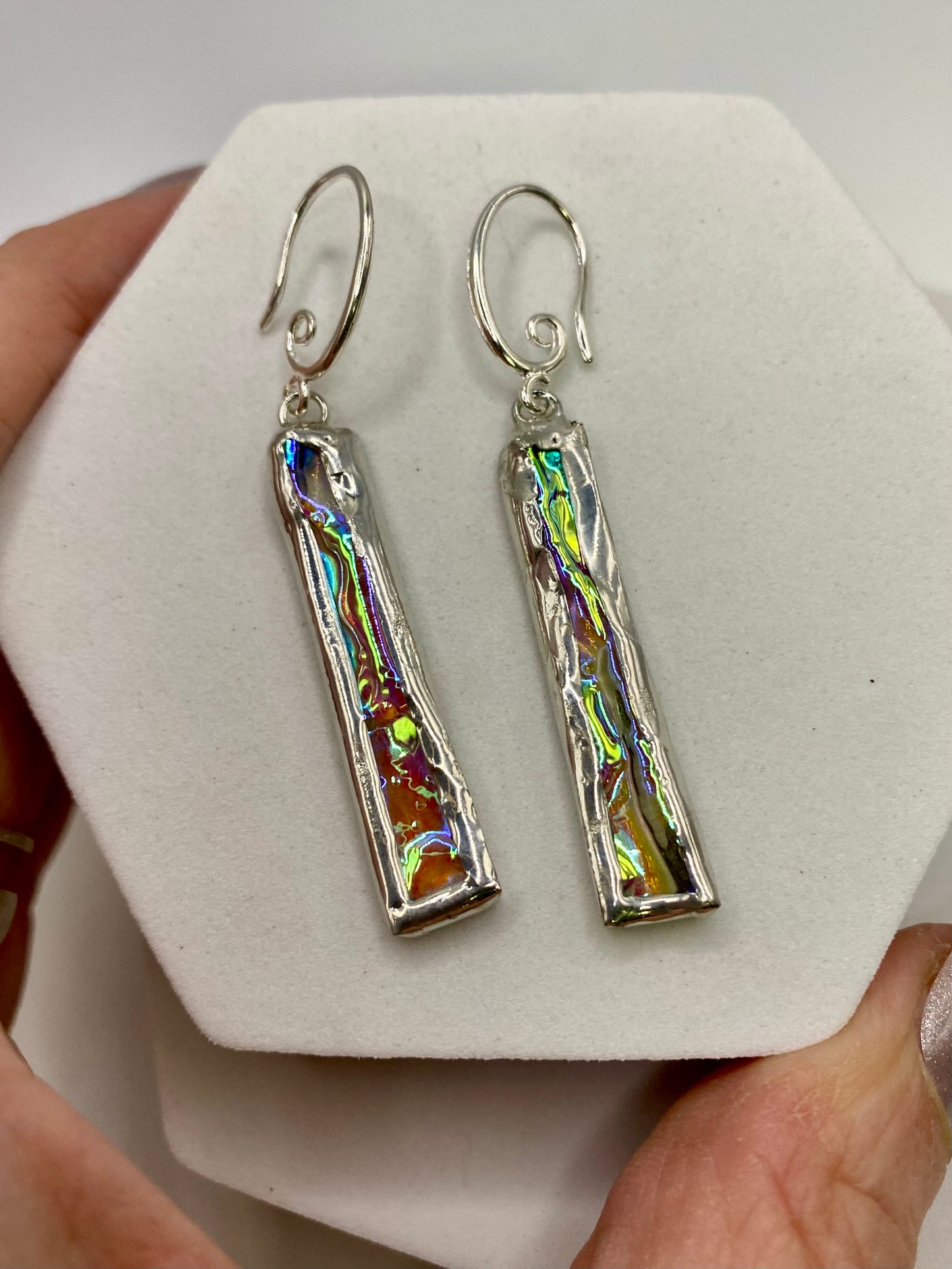 Ripple Stick Earrings, Stained Glass Earrings made with Lead-Free Solder by Hip Chick Glass, Iridescent Glass Earrings