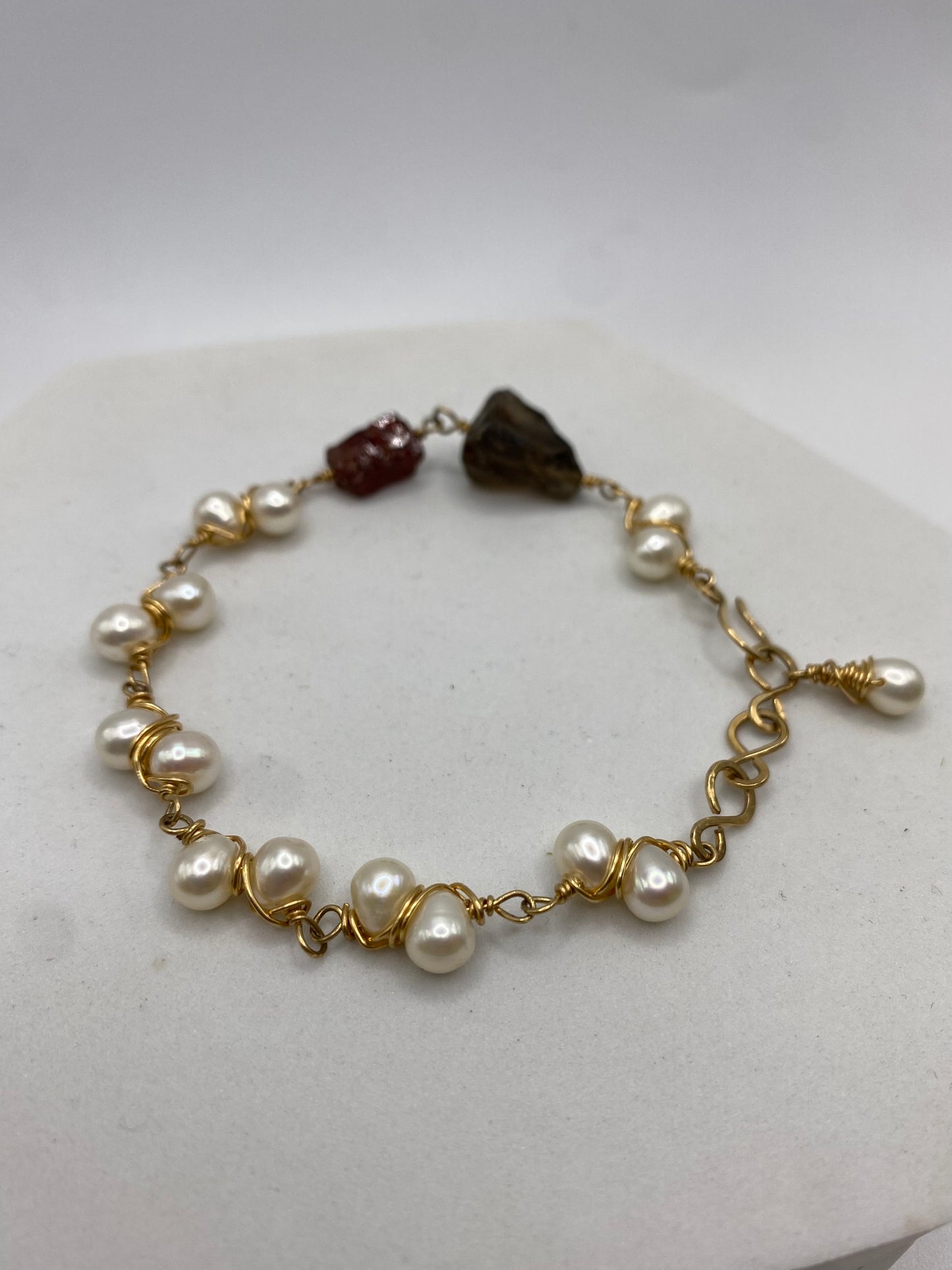 GARNET, QUARTZ & Pearl Bracelet by Hip Chick Jewelry, Garnet Bracelet, Smoky Quartz Bracelet, Gold Wire Wrap Bracelet, Boho Luxe Wedding Jewelry