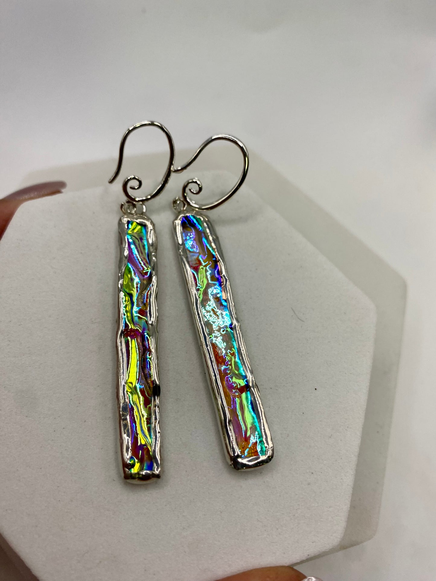 Long Ripple Stick Earrings Stained Glass Earrings made with Lead-Free Solder by Hip Chick Glass, Iridescent Glass Earrings