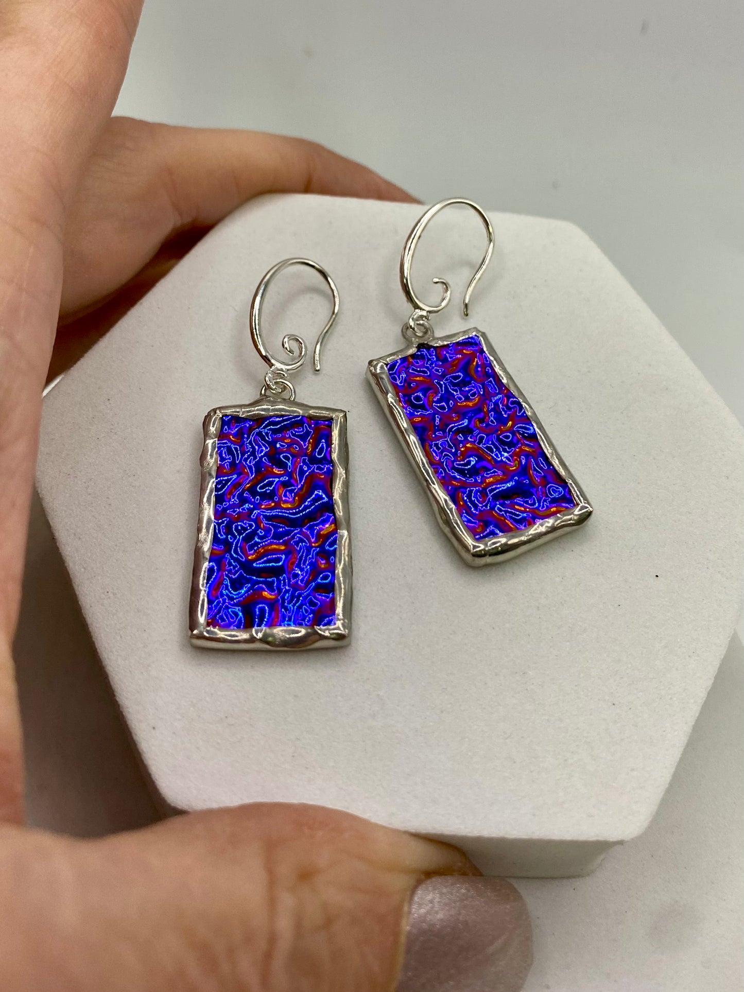 Purple Rectangle Earrings, Stained Glass Earrings made with Lead-Free Solder by Hip Chick Glass, Iridescent Glass Earrings