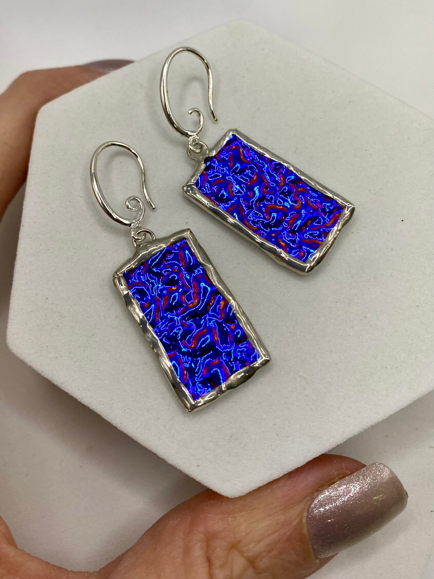 Purple Rectangle Earrings, Stained Glass Earrings made with Lead-Free Solder by Hip Chick Glass, Iridescent Glass Earrings