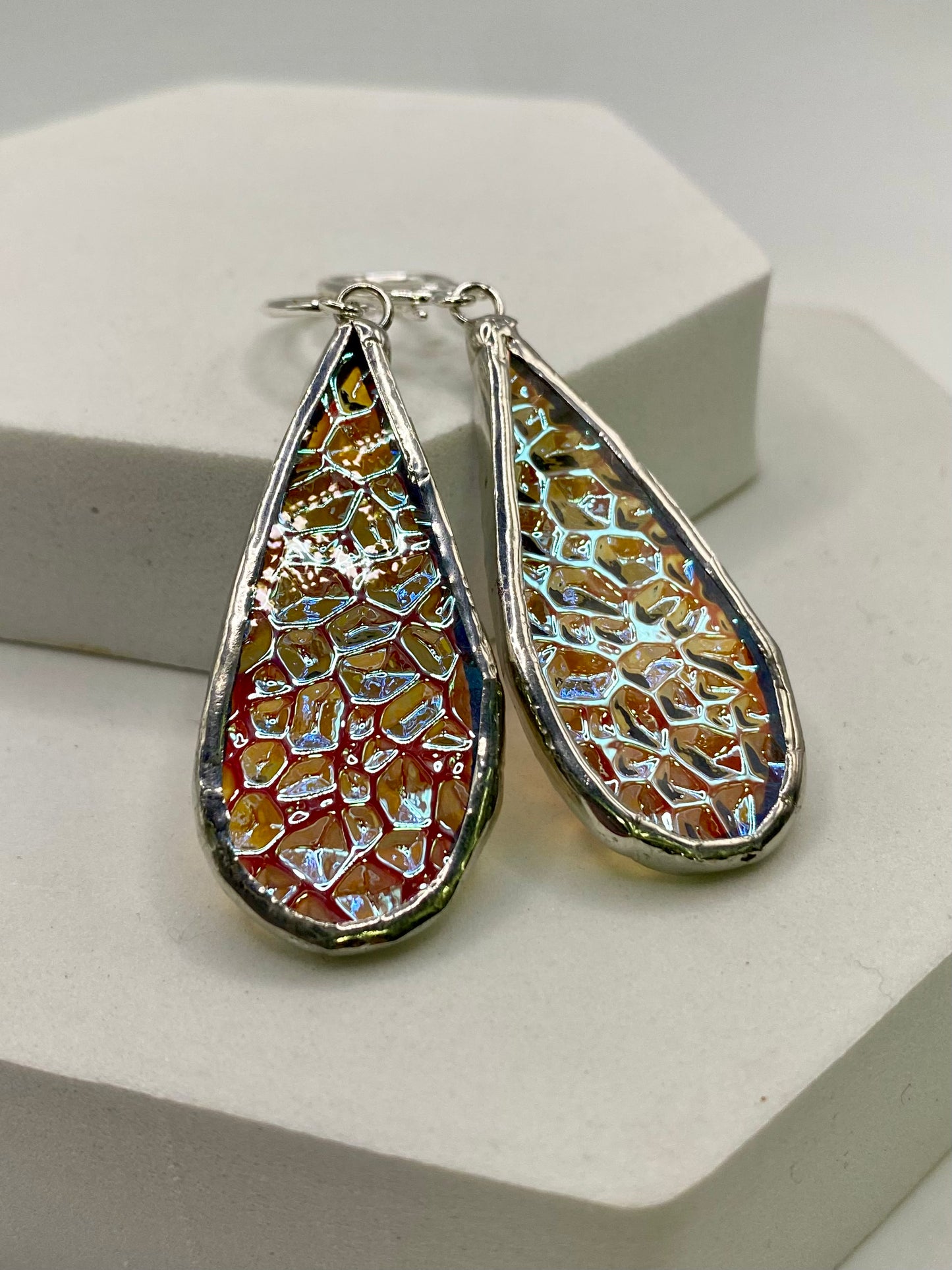 Crinkle Teardrop Stained Glass Earrings made with Lead-Free Solder by Hip Chick Glass, Iridescent Glass Earrings