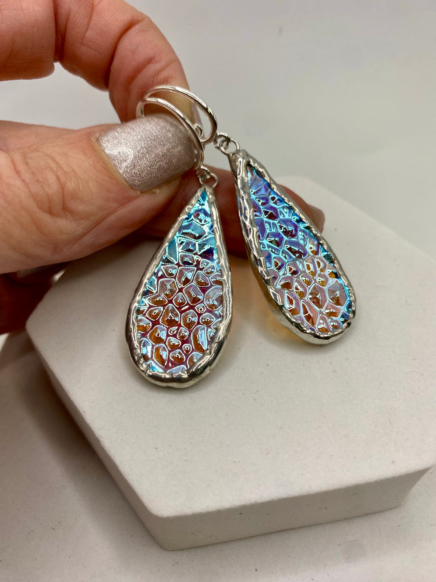 Crinkle Teardrop Earrings, Stained Glass Earrings made with Lead-Free Solder by Hip Chick Glass, Iridescent Glass Earrings