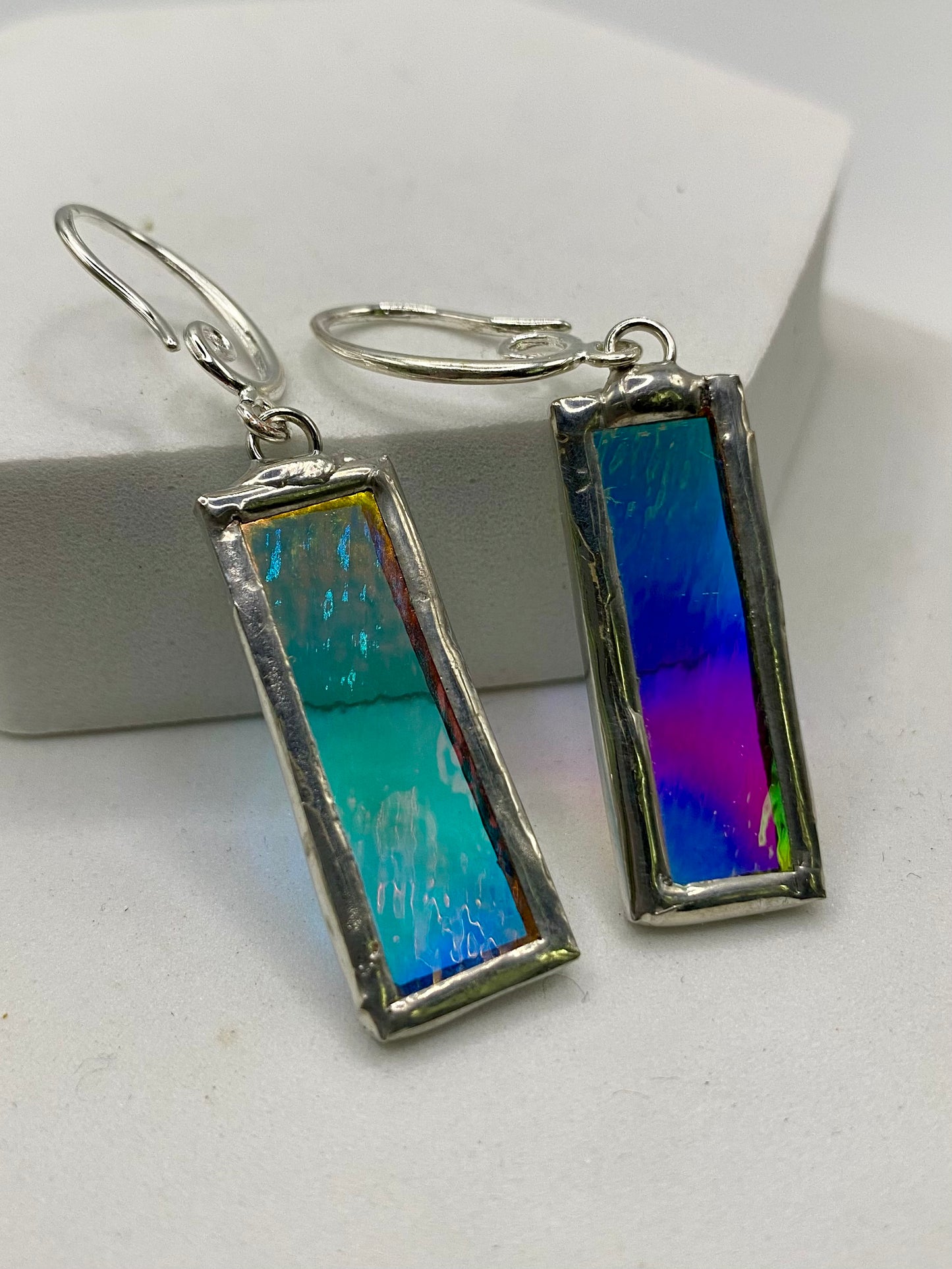 Stained Glass Earrings made with Lead-Free Solder by Hip Chick Glass, Iridescent Glass Earrings