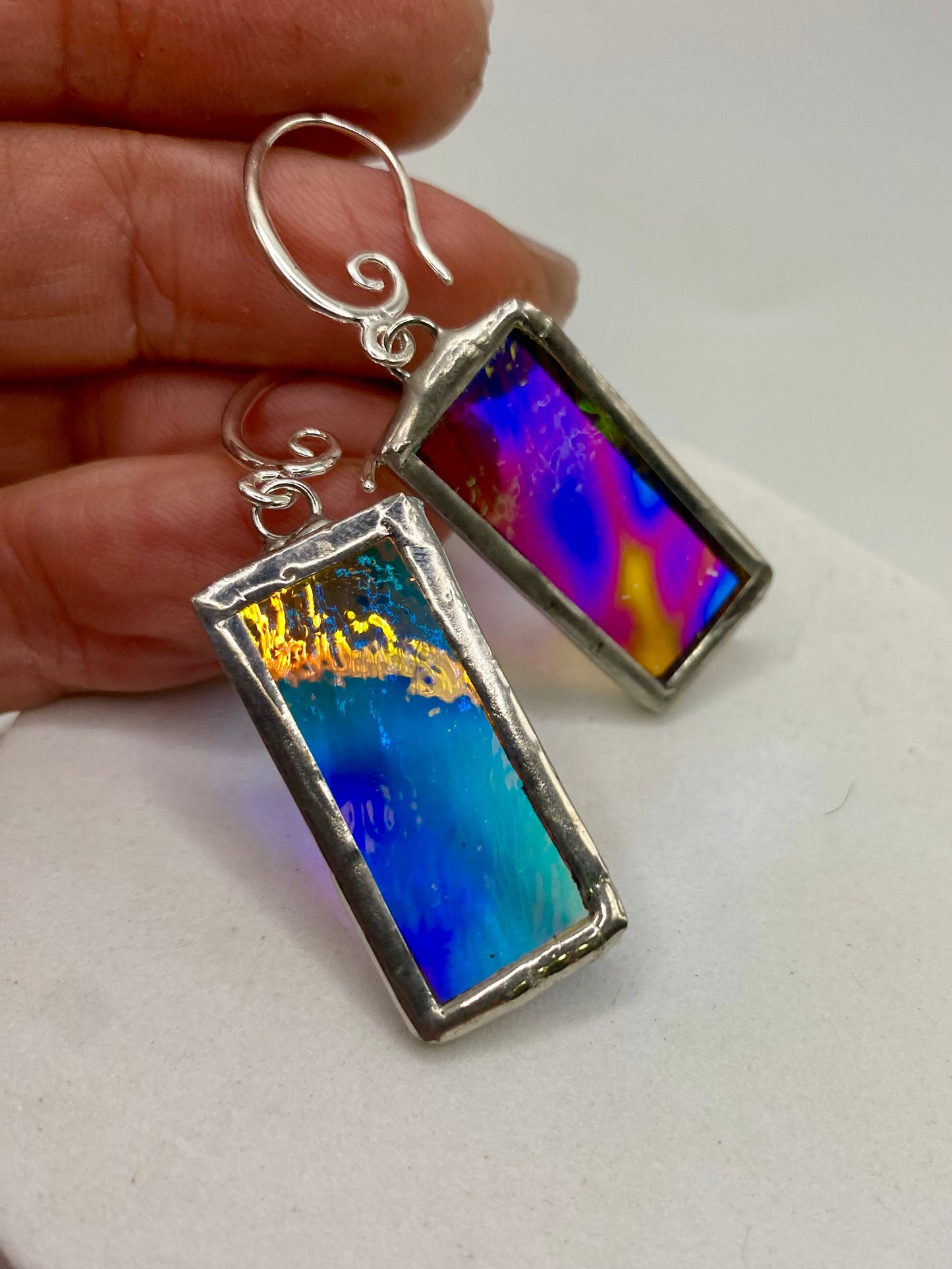 Brilliant Rectangular Earrings, Stained Glass Earrings made with Lead-Free Solder by Hip Chick Glass, Iridescent Glass Earrings