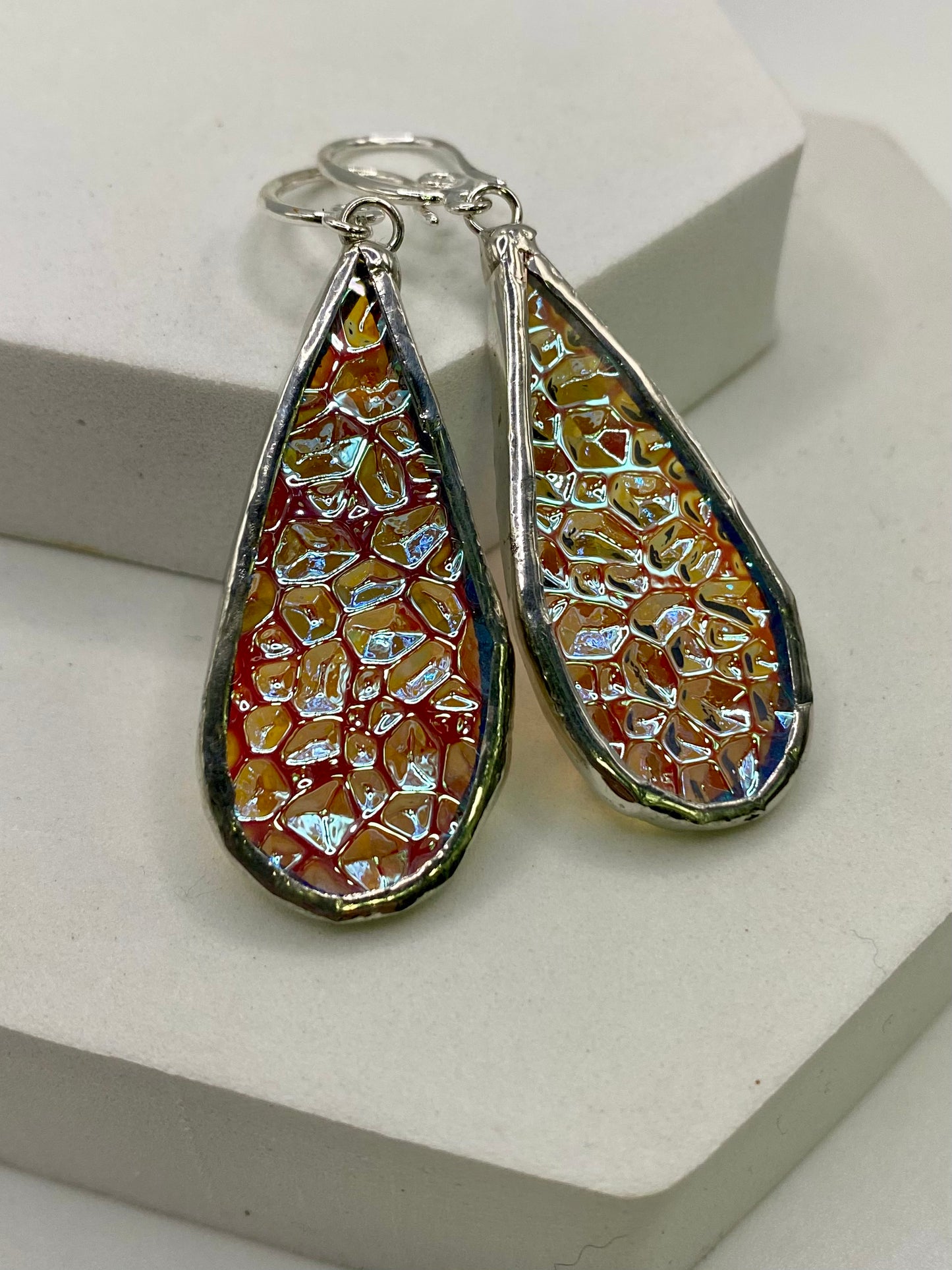 Crinkle Teardrop Stained Glass Earrings made with Lead-Free Solder by Hip Chick Glass, Iridescent Glass Earrings