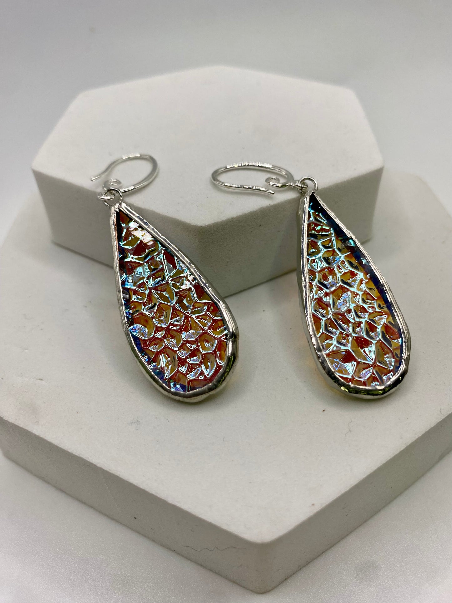 Crinkle Teardrop Earrings, Stained Glass Earrings made with Lead-Free Solder by Hip Chick Glass, Iridescent Glass Earrings