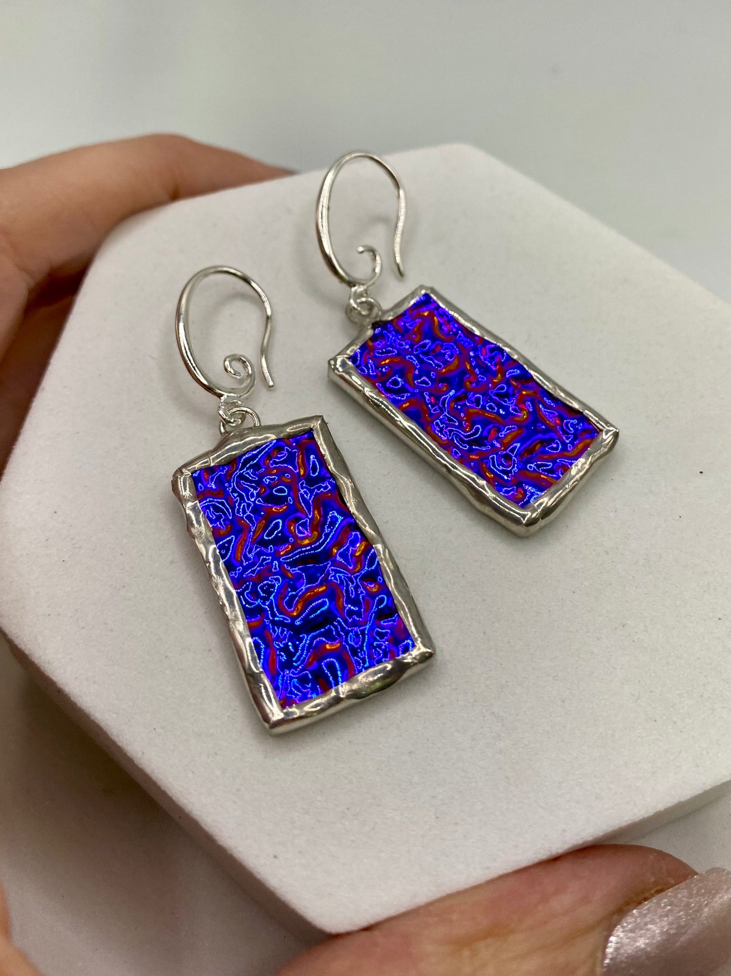 Purple Rectangle Earrings, Stained Glass Earrings made with Lead-Free Solder by Hip Chick Glass, Iridescent Glass Earrings