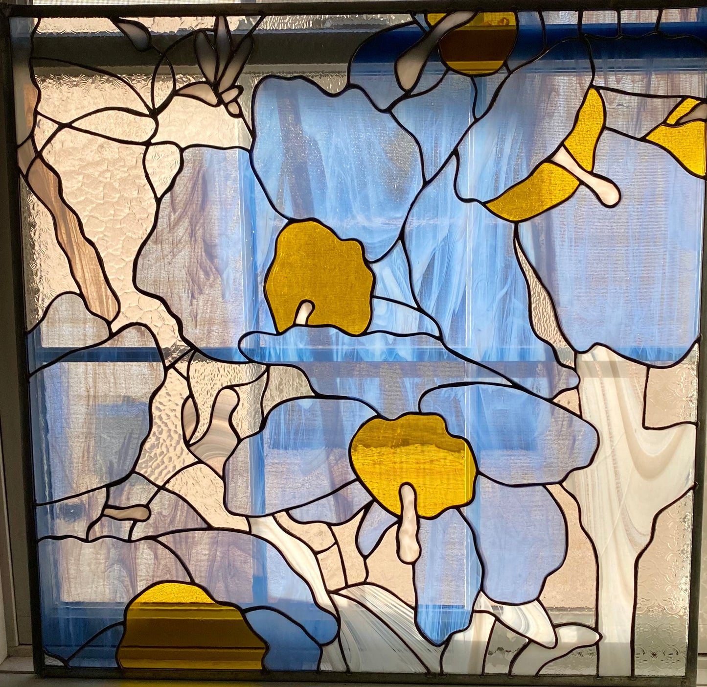 Himalayan Blue Poppies Stained Glass Window Panel by Hip Chick Glass