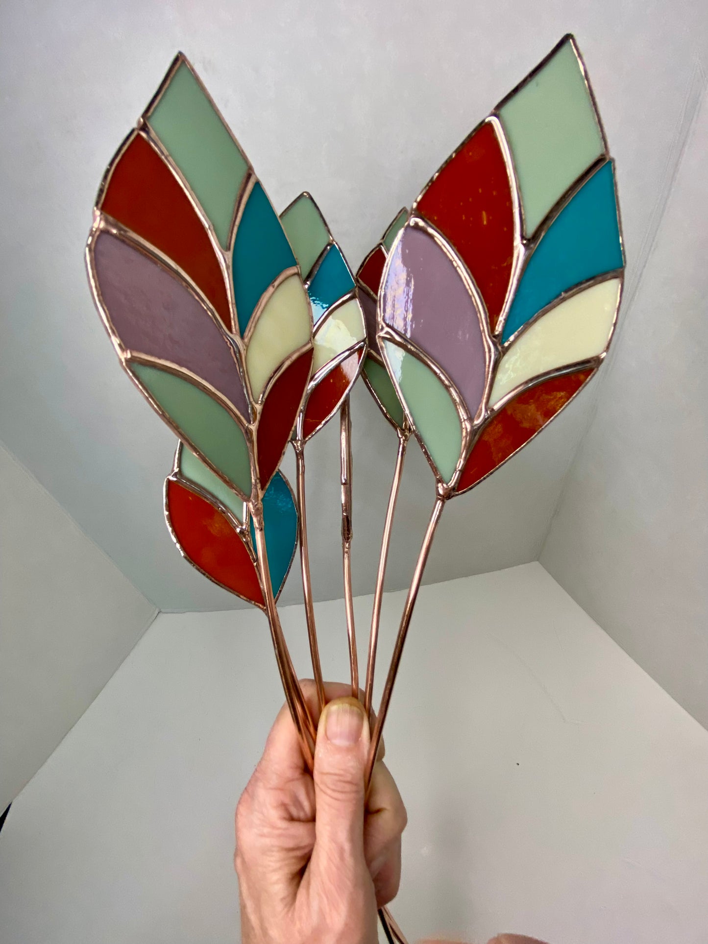 Stained Glass Plant Stakes in Teal, Cream, Olive & Rust by Hip Chick Glass