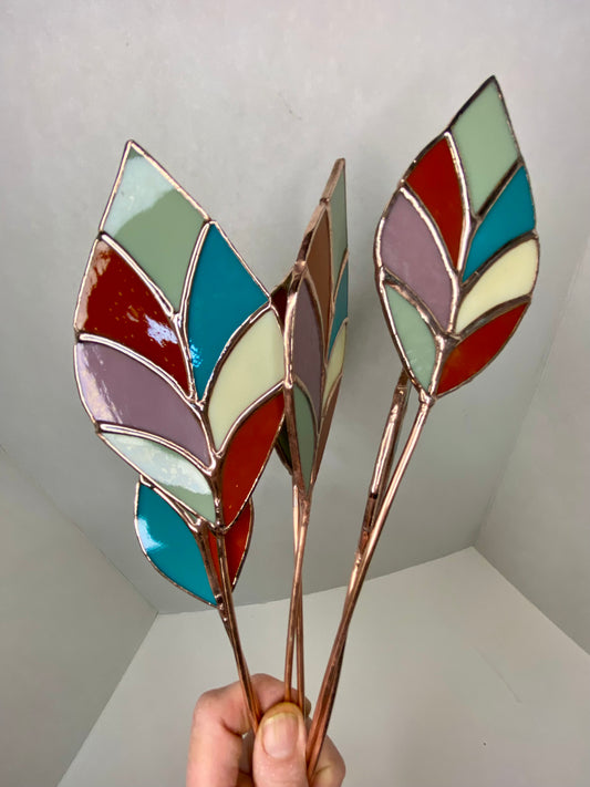 Stained Glass Plant Stakes in Teal, Cream, Olive & Rust by Hip Chick Glass