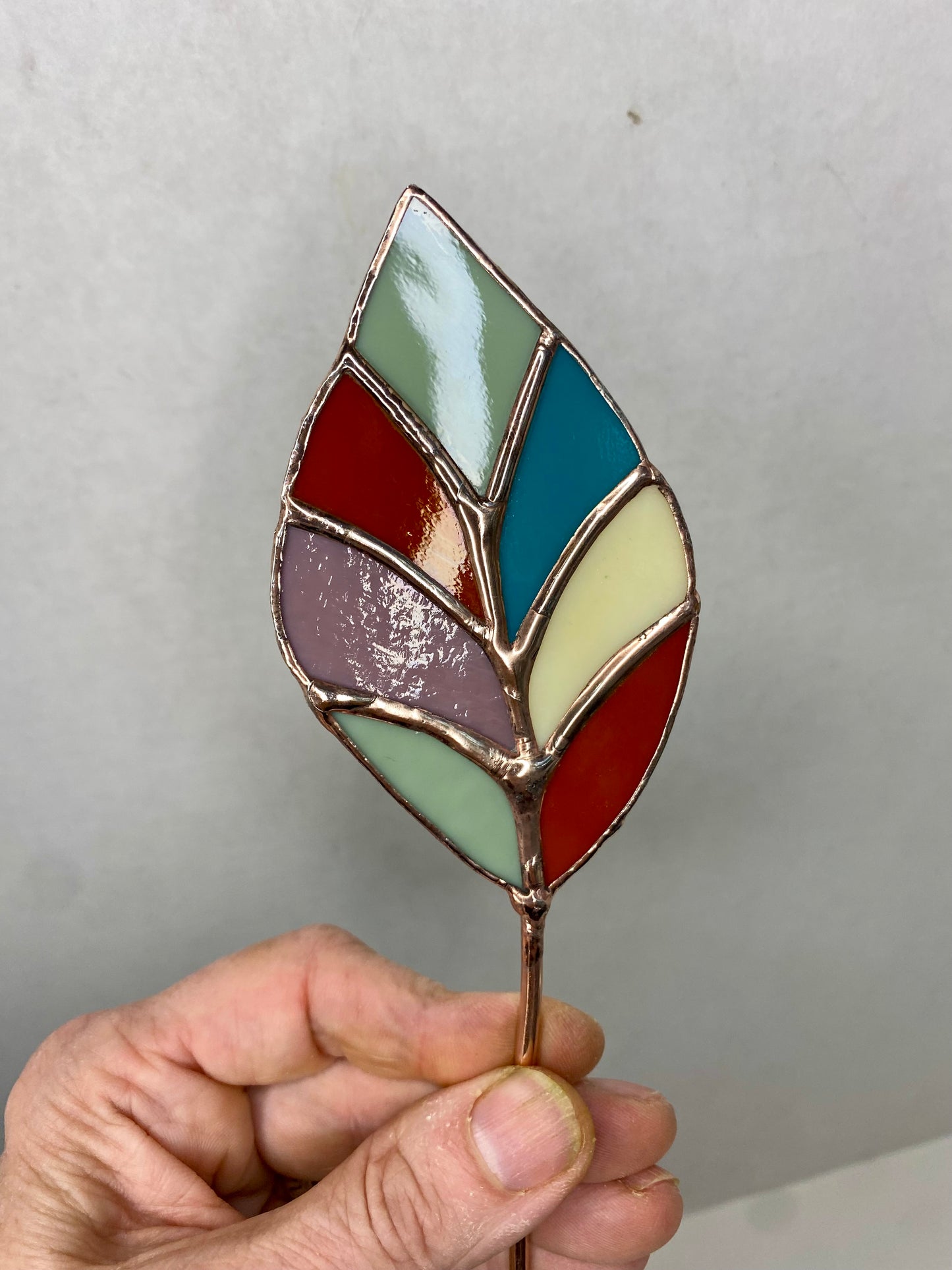 Stained Glass Plant Stakes in Teal, Cream, Olive & Rust by Hip Chick Glass