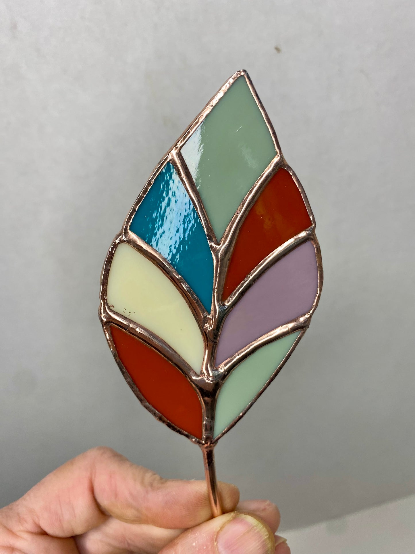 Stained Glass Plant Stakes in Teal, Cream, Olive & Rust by Hip Chick Glass