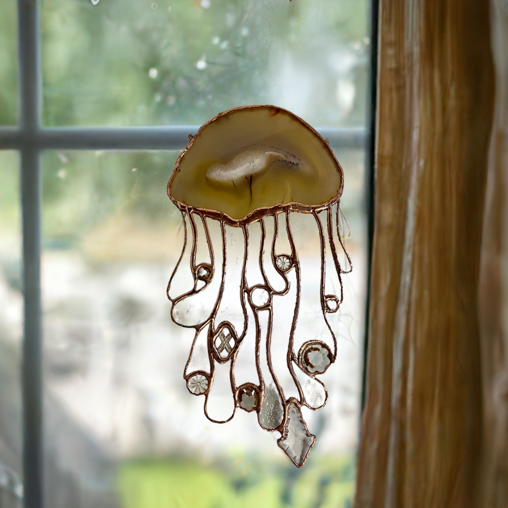 Agate Jellyfish in Copper | Stained Glass Suncatcher by Hip Chick Glass, Handmade Stained Glass Sun Catcher, Original Glass Art