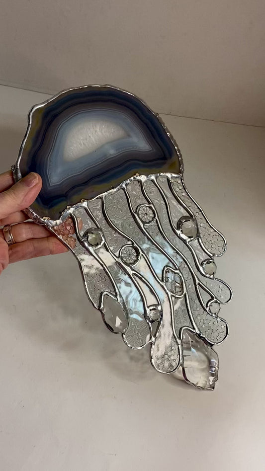 Agate Jellyfish in Silver | Stained Glass Suncatcher by Hip Chick Glass, Handmade Stained Glass Sun Catcher, Original Glass Art