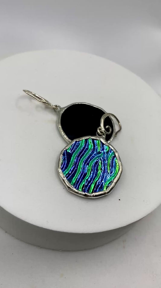 Blue Dichroic Glass Circle Earrings | Stained Glass Earrings by Hip Chick Glass, Stained Glass Dangle Drop Earrings, Stained Glass Earrings