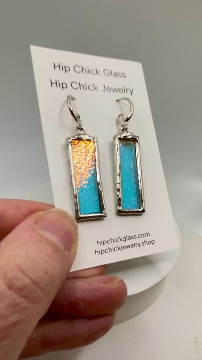 Turquoise Blue Rectangle Earrings | Stained Glass Earrings by Hip Chick Glass, Iridescent Statement Earrings, Geometric Earrings