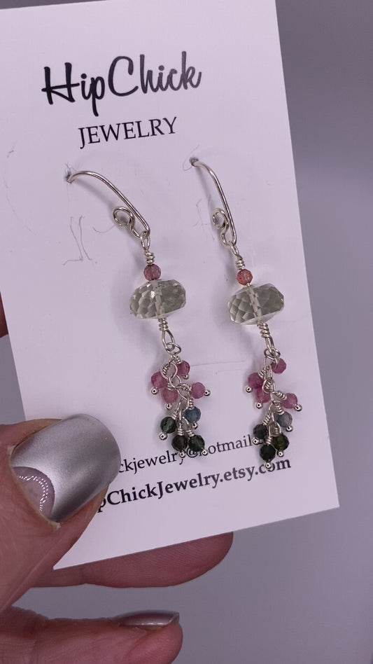 Green Amethyst & Watermelon Tourmaline Earrings by Hip Chick Glass, Sterling Silver Earrings, Handmade Gemstone Jewelry, Gift For Woman