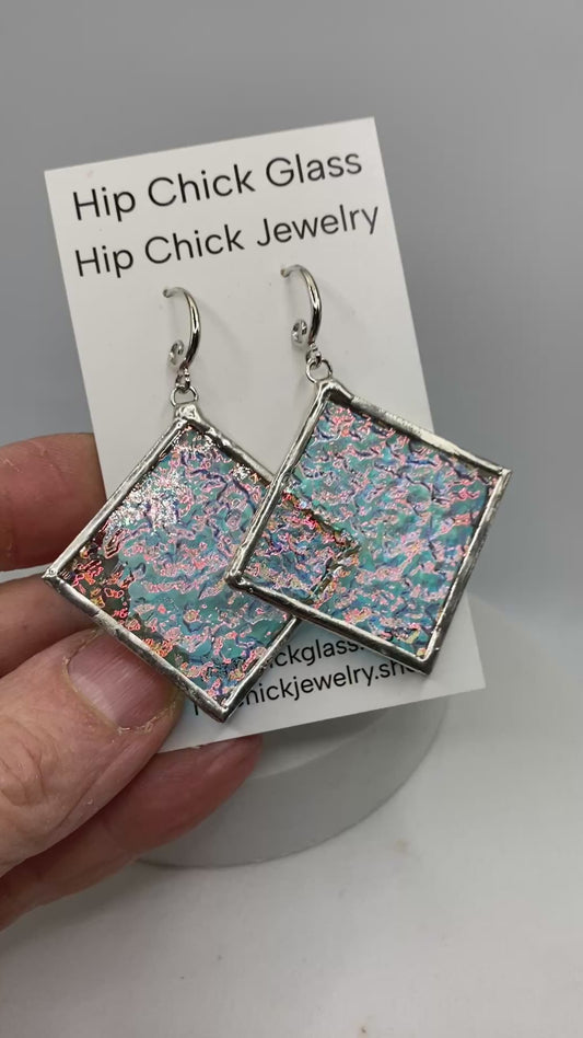 Pink Crinkle Square Earrings | Stained Glass Earrings by Hip Chick Glass, Stained Glass Dangle Drop Earrings, Stained Glass Earrings
