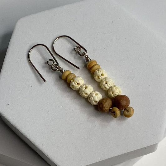 Carved Bone, Mud & Seed Bead Earrings by Hip Chick Glass, Sterling Silver Earrings, Handmade Gemstone Jewelry, Gift For Woman