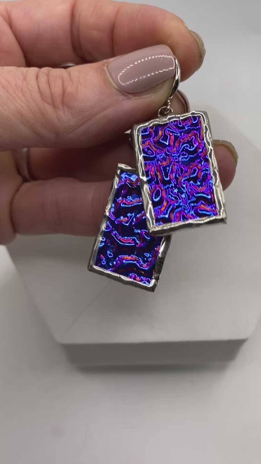 Large Purple Rectangular Earrings | Stained Glass Earrings by Hip Chick Glass, Statement Dangle Drop Earrings, Geometric Earrings